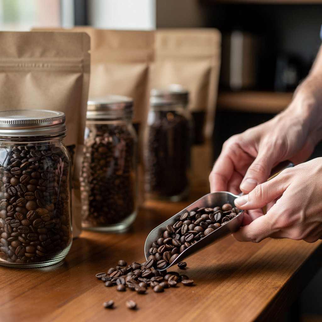 Blue Bean Roasters Portland Oregon showcasing fresh bags of locally roasted coffee beans on a rustic shelf